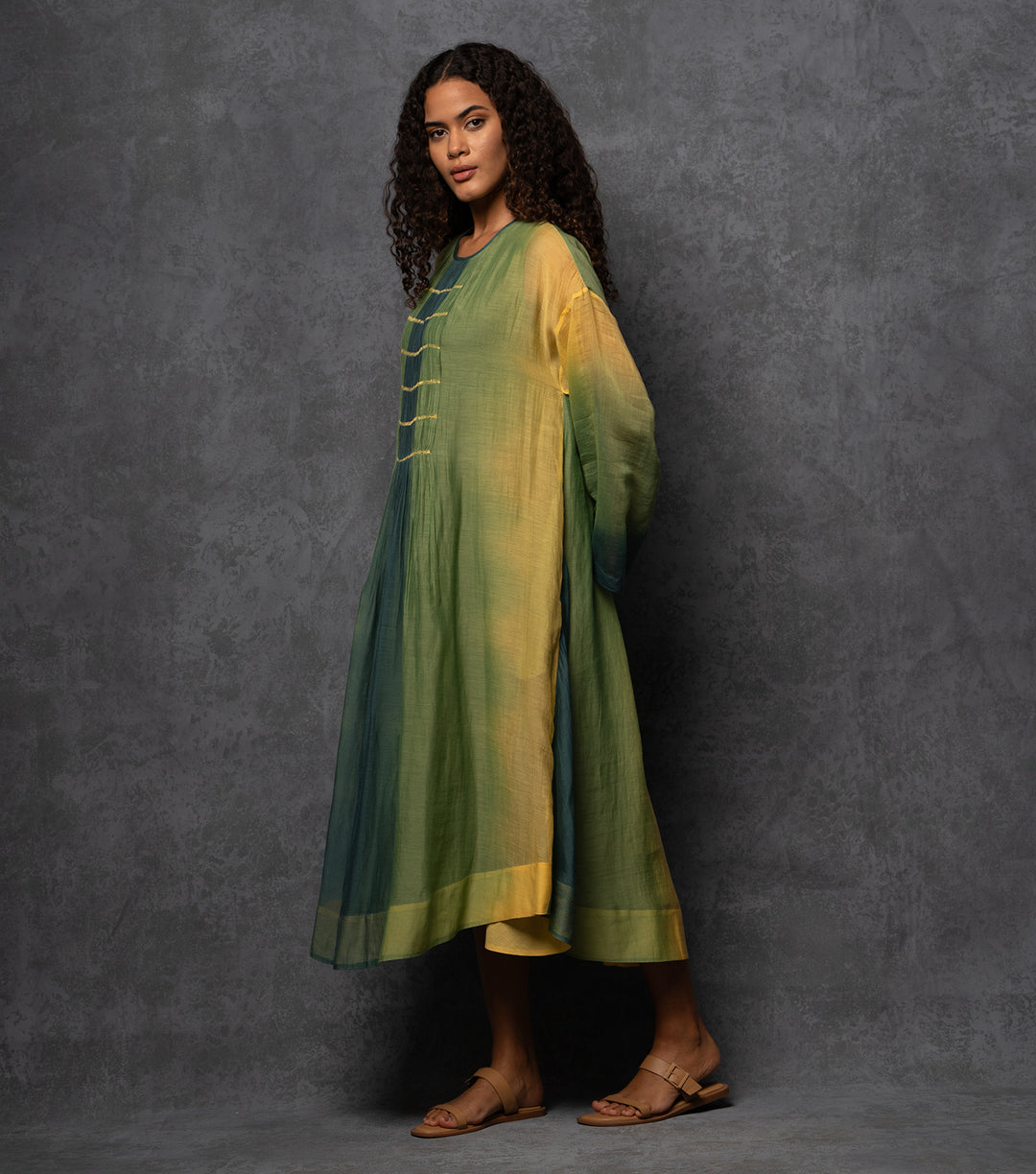 Ombre Grace Thread Embroidered Cotton Silk Long Dress