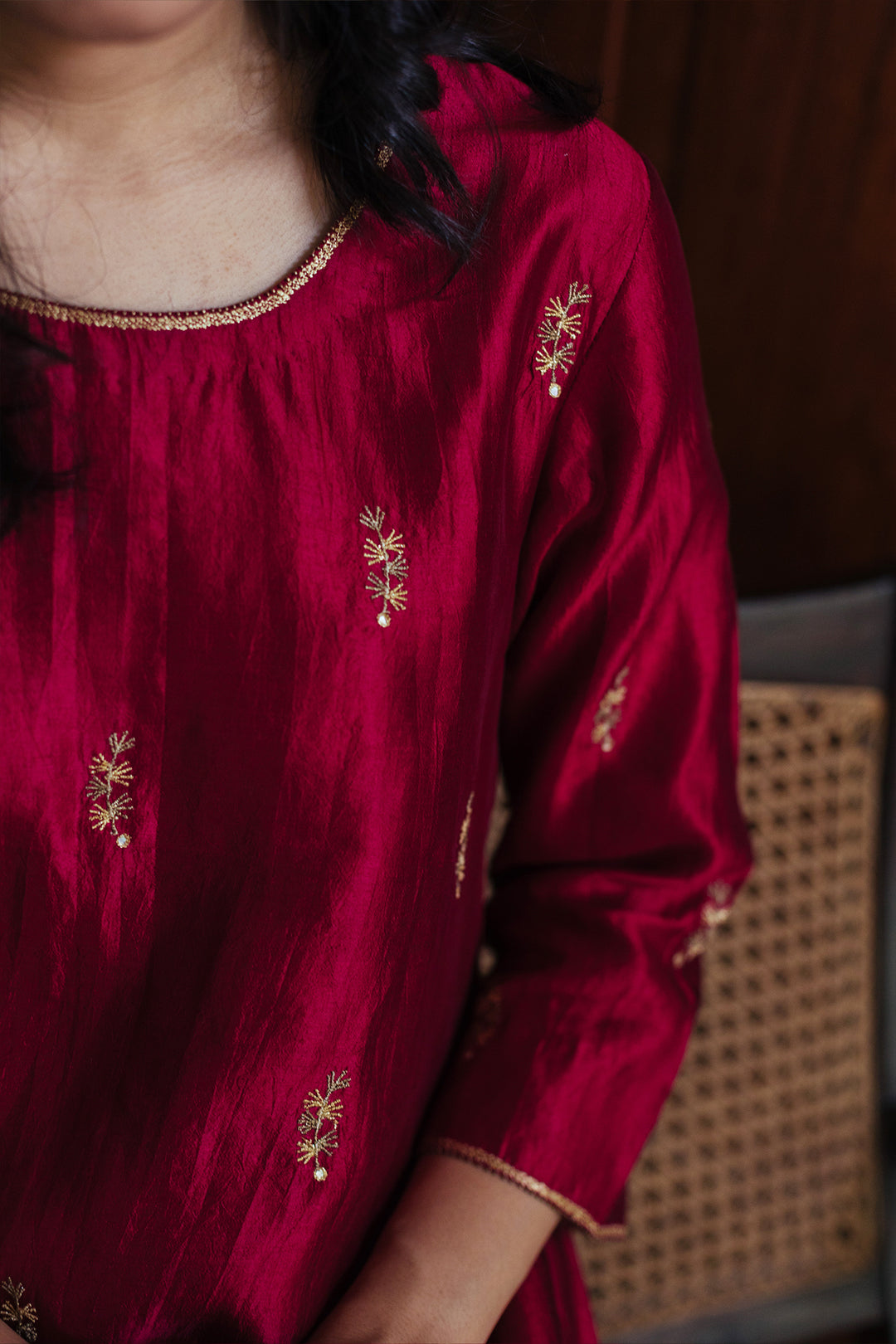 Maroon embroidered flared silk kurta & pants set