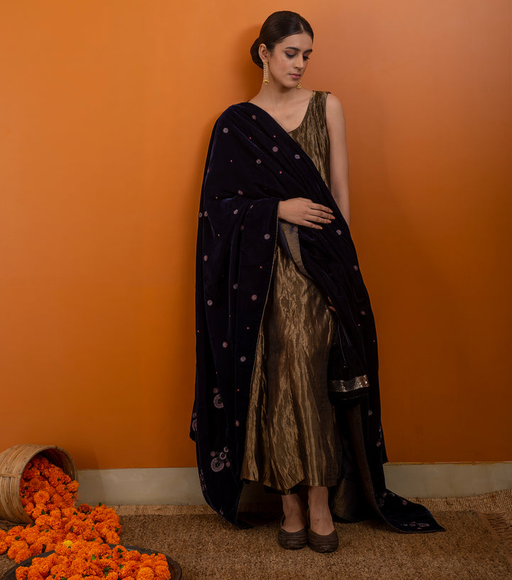 Navy Blue Hand Embroidered Velvet Dupatta