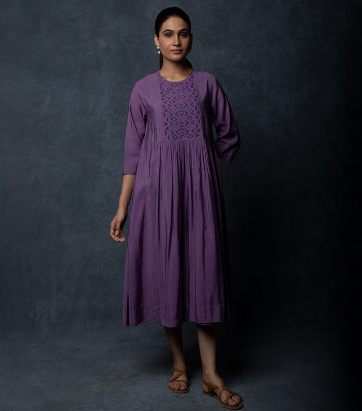 Purple Embroidered Chanderi Dress