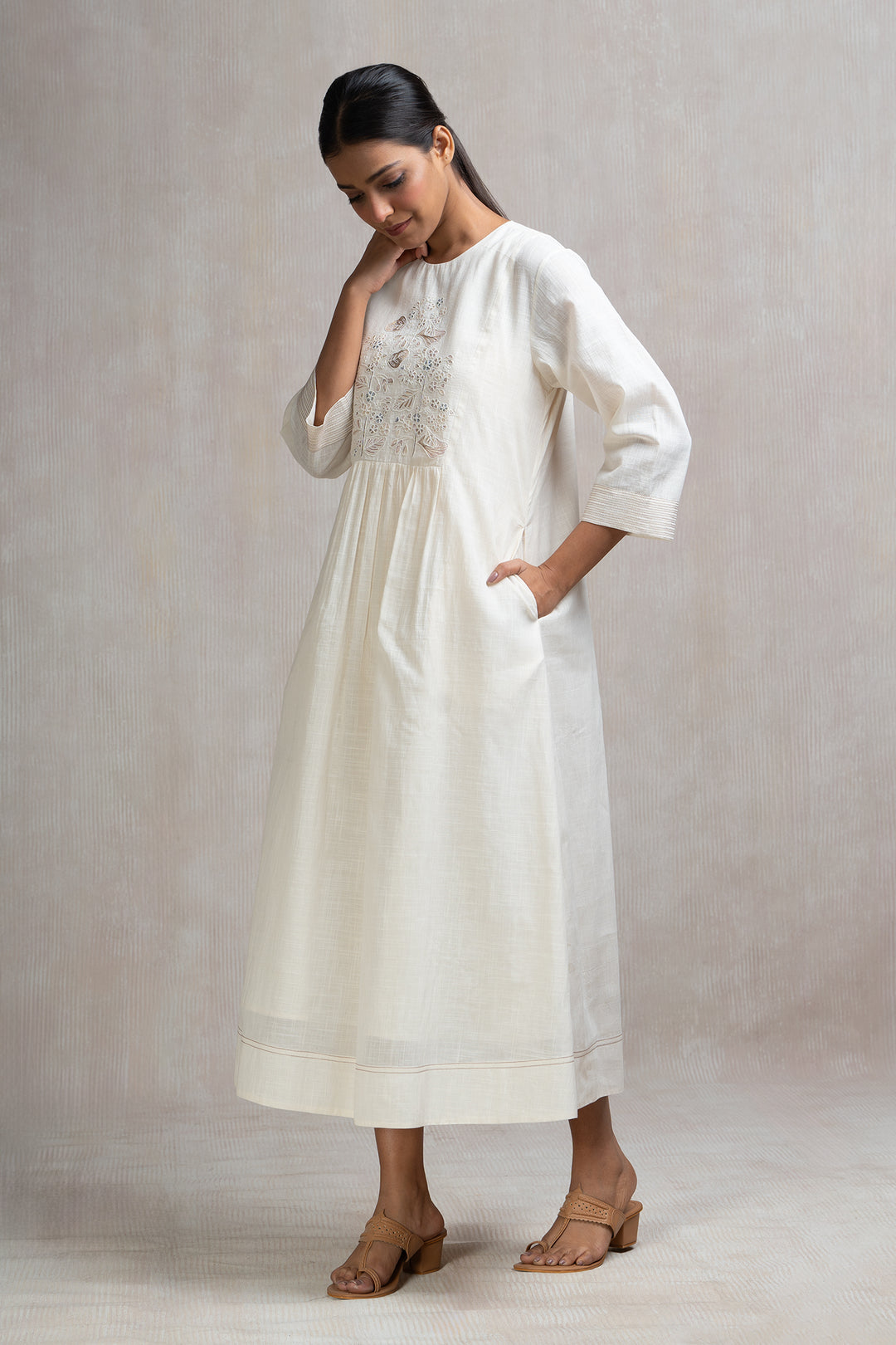 Thread Embroidered Long Cotton Dress