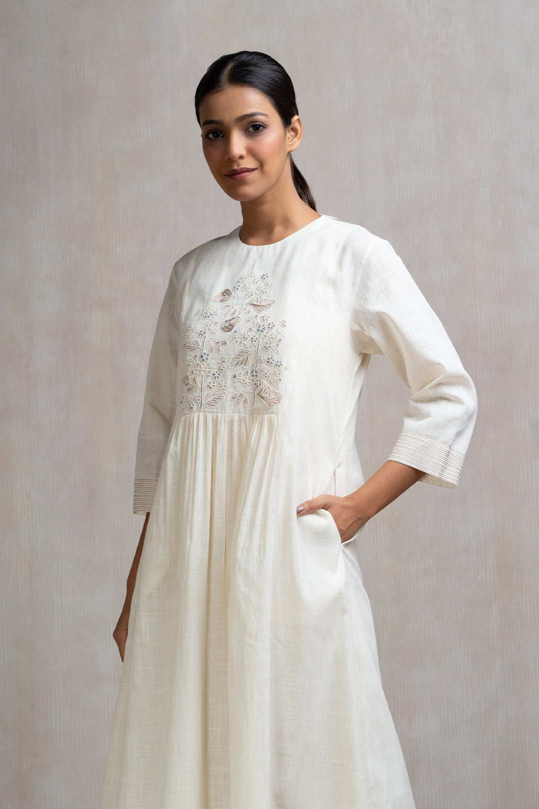 Thread Embroidered Long Cotton Dress