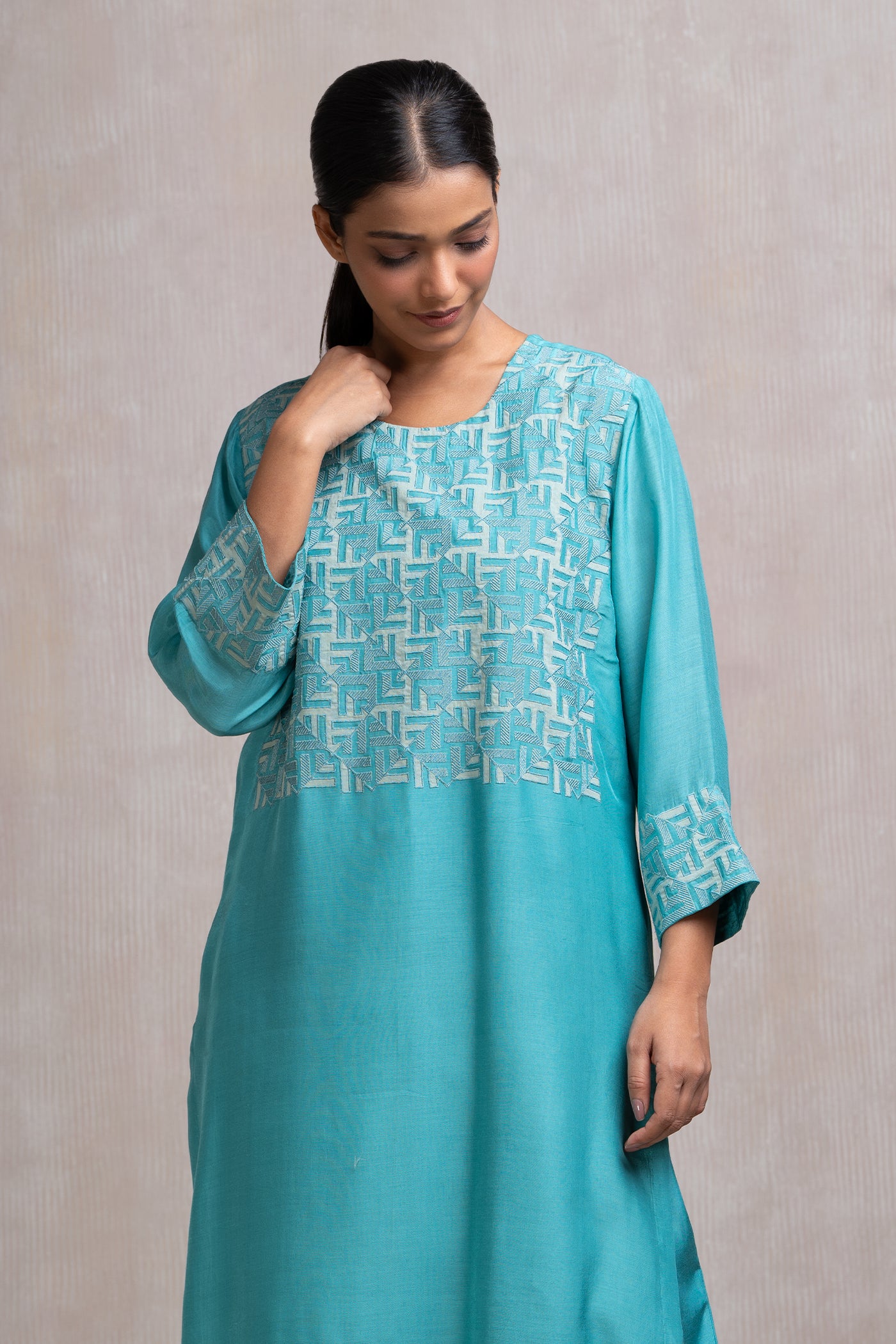 Embroidered Chanderi Kurta Set with Pants & Dupatta