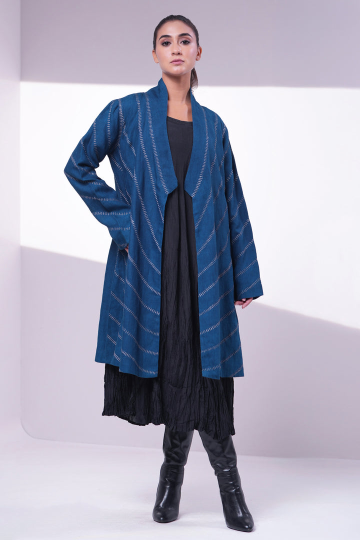 Blue  Handwoven Cotton Embroidered Jacket