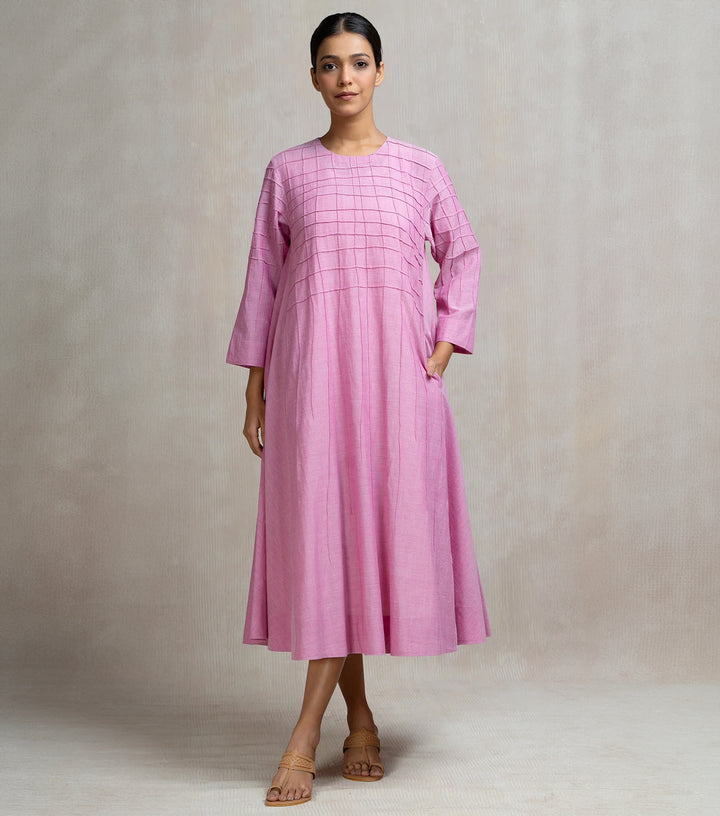 Thread Embroidered Pink Cotton Dress