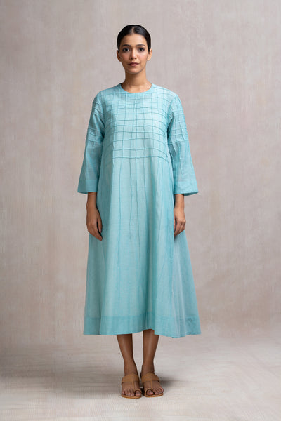 Thread Embroidered Blue Cotton Dress