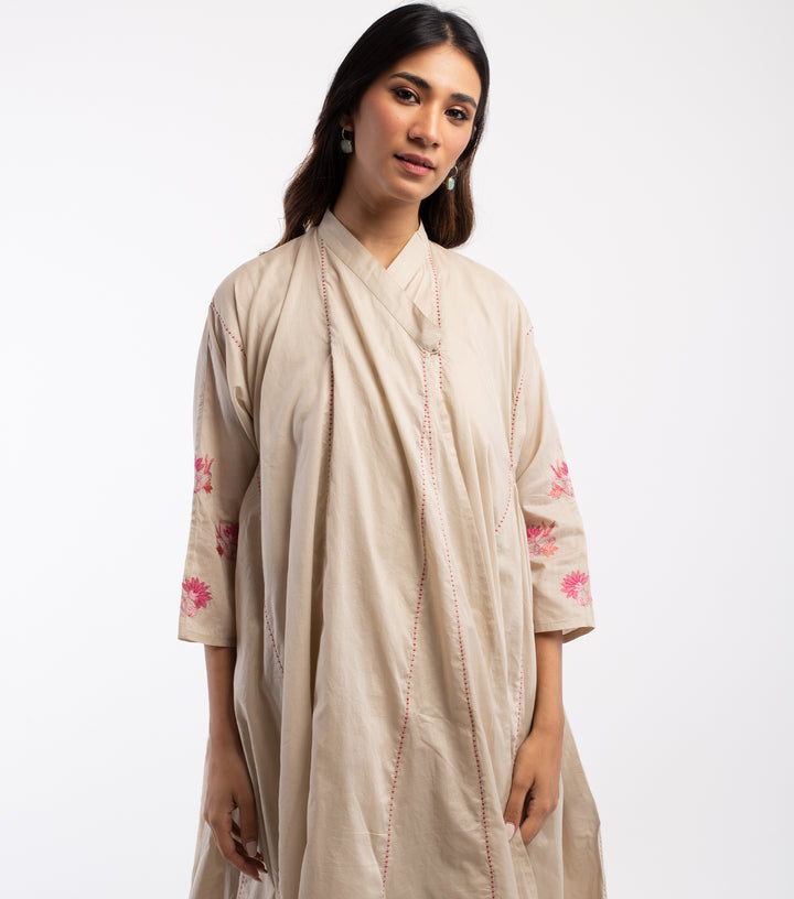 Beige Embroidered Cotton Choga