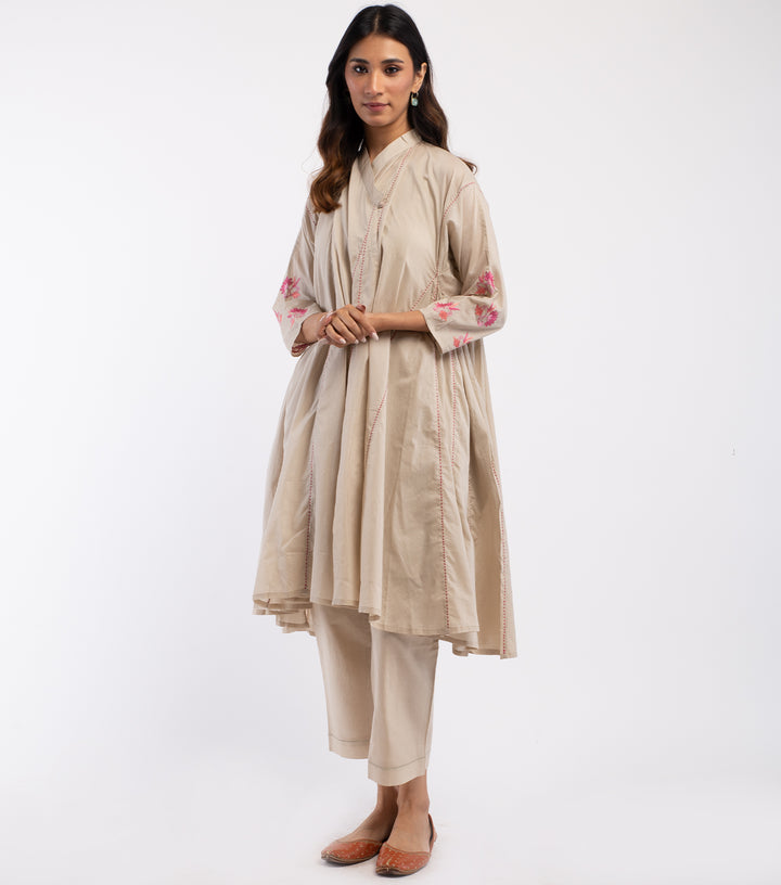 Beige Embroidered Cotton Choga