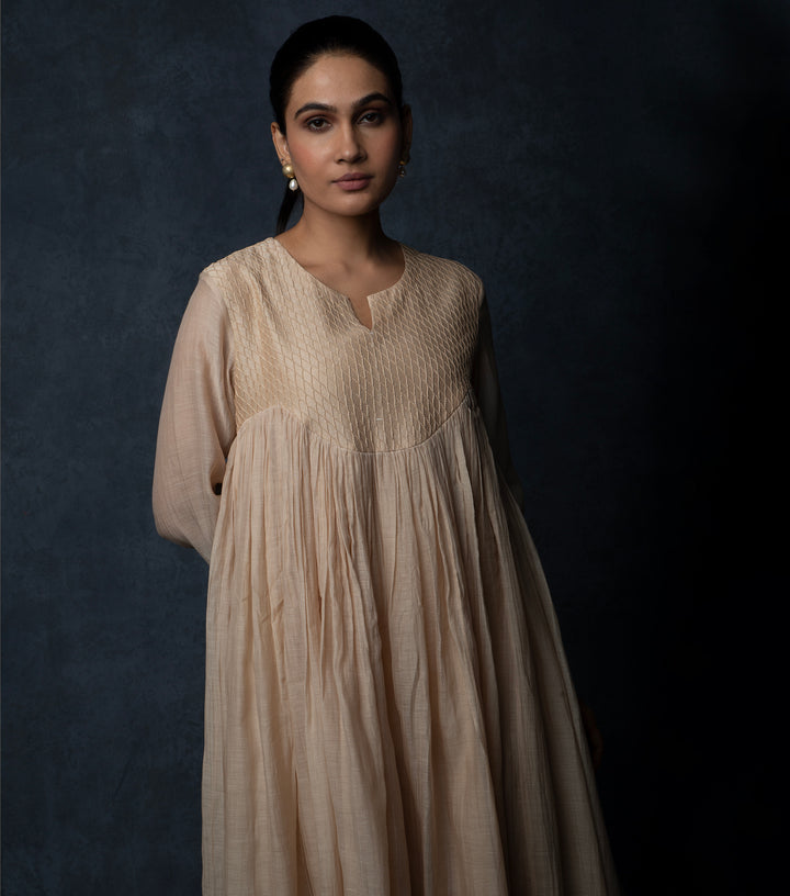 Beige Pintuck Embroidered Chanderi Dress