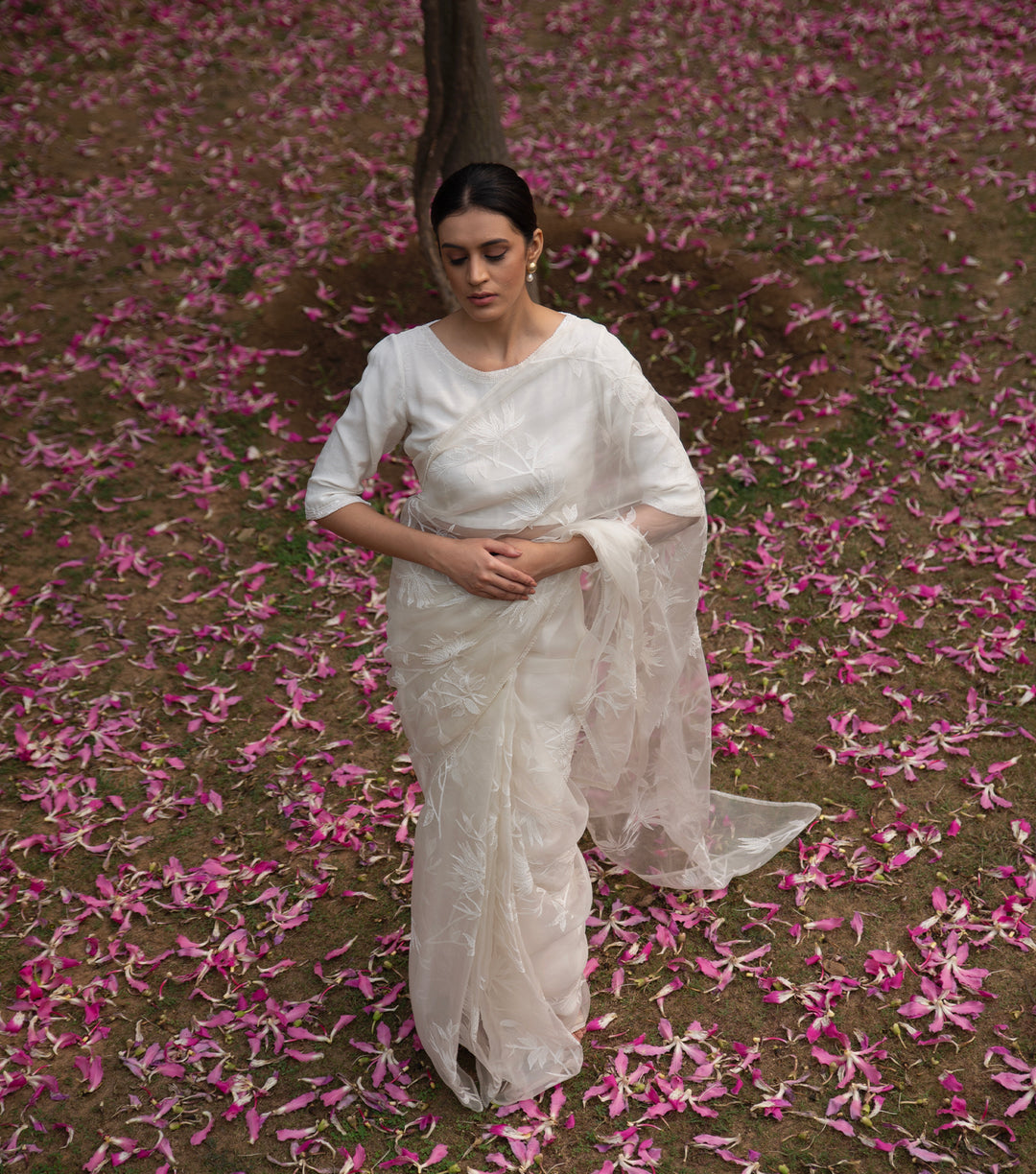 White Hand Embroidered Organza Saree