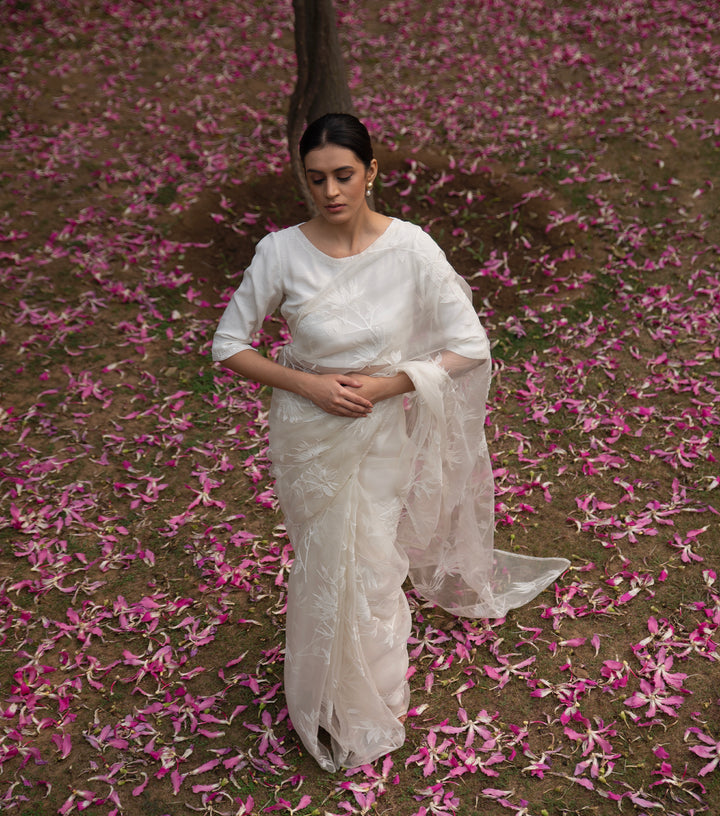 White Hand Embroidered Organza Saree