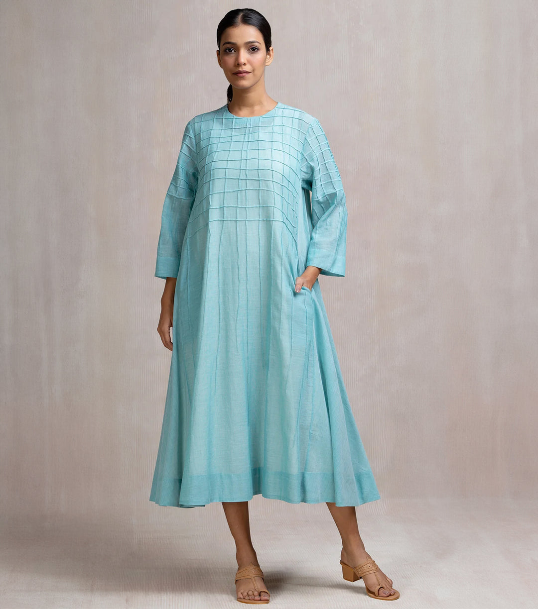 Thread Embroidered Blue Cotton Dress