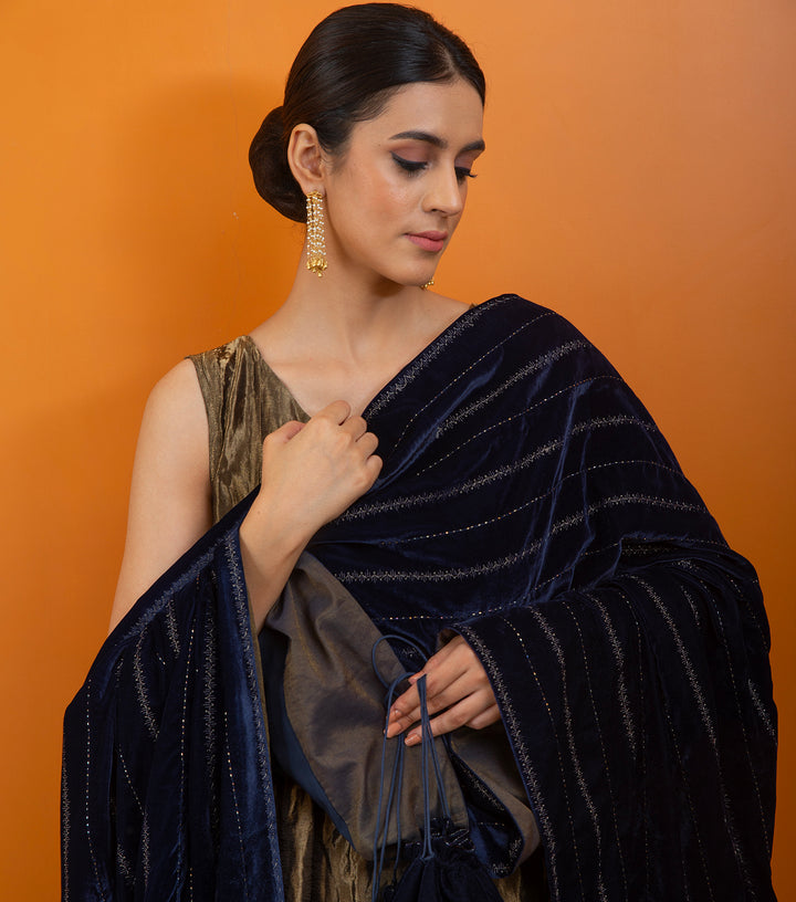 Navy Blue Hand Embroidered Velvet Dupatta