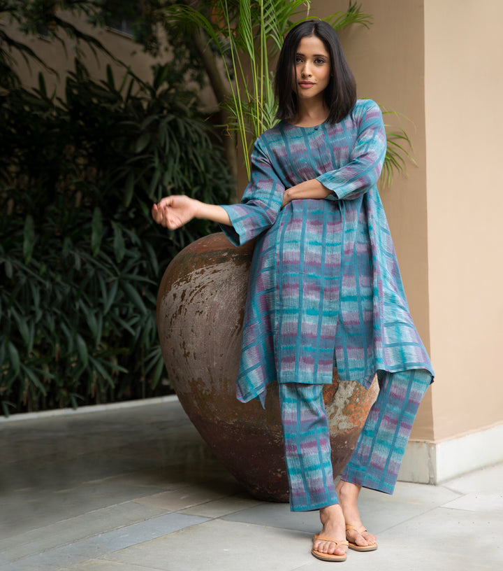 Teal Blue Printed Cotton Kurta with Pants Set