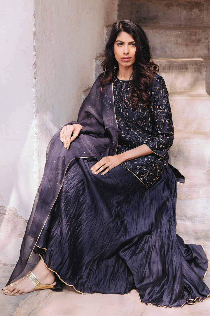 Navy Blue Chanderi Embroidered Kurta & Skirt Set