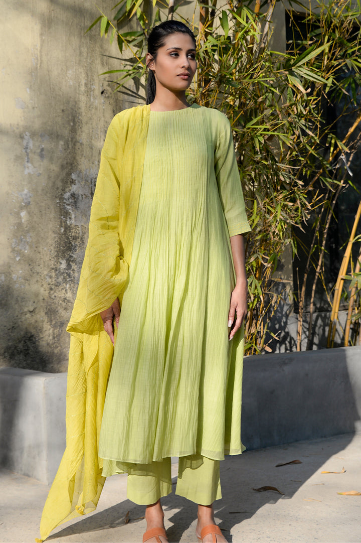 Lime Thread Embroidered Kurta Set with Dupatta