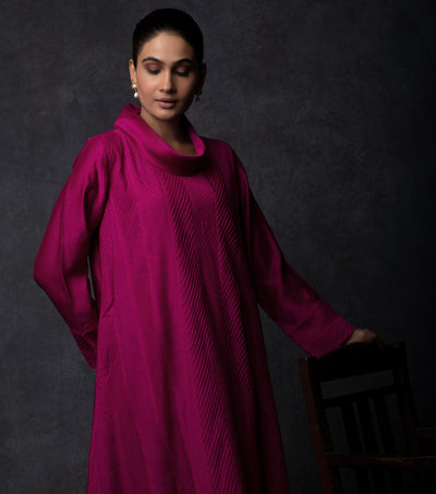 Magenta Pintuck Embroidered Chanderi Dress