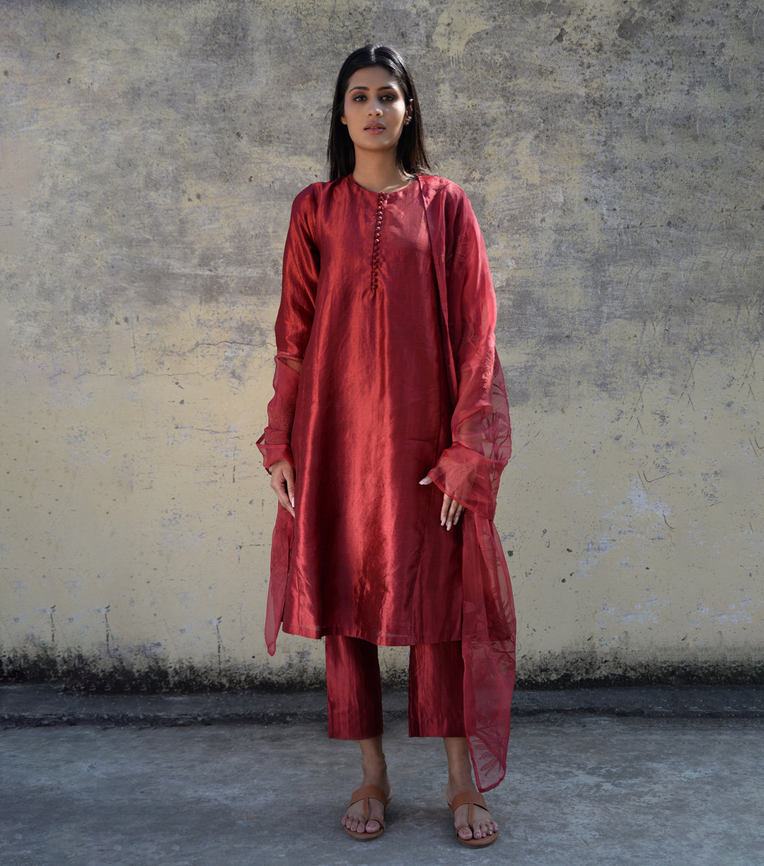 Maroon Silk Kurta Set with Organza Dupatta