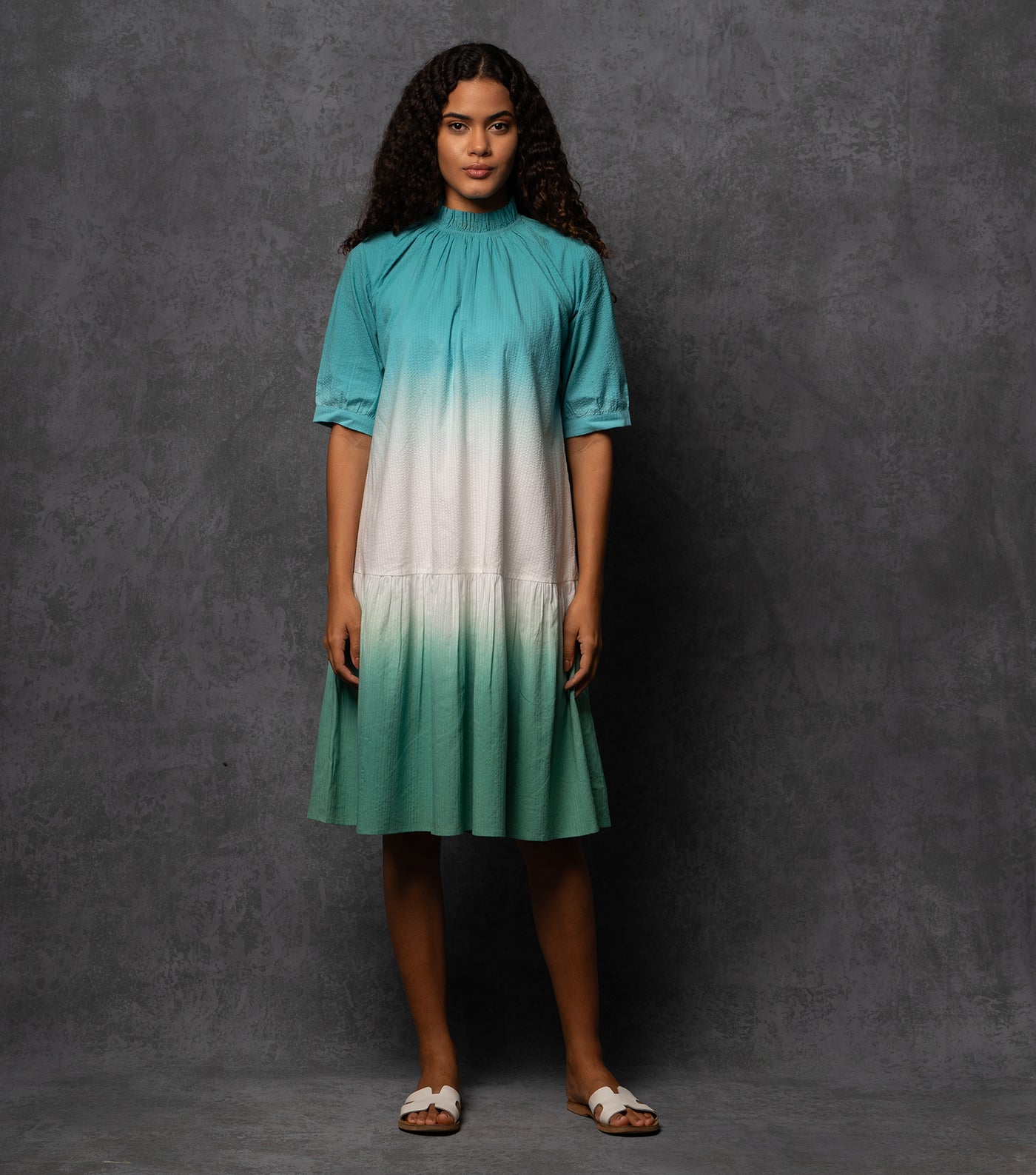 Ombre Grace Textured Cotton Dress with Mock Gathered Neckline