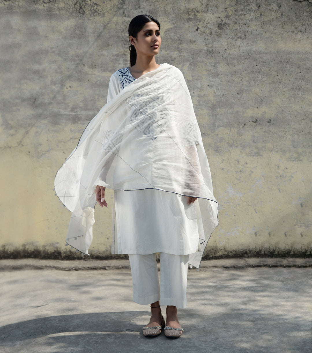 Ivory Embroidered Cotton Kurta & Chanderi Dupatta Set