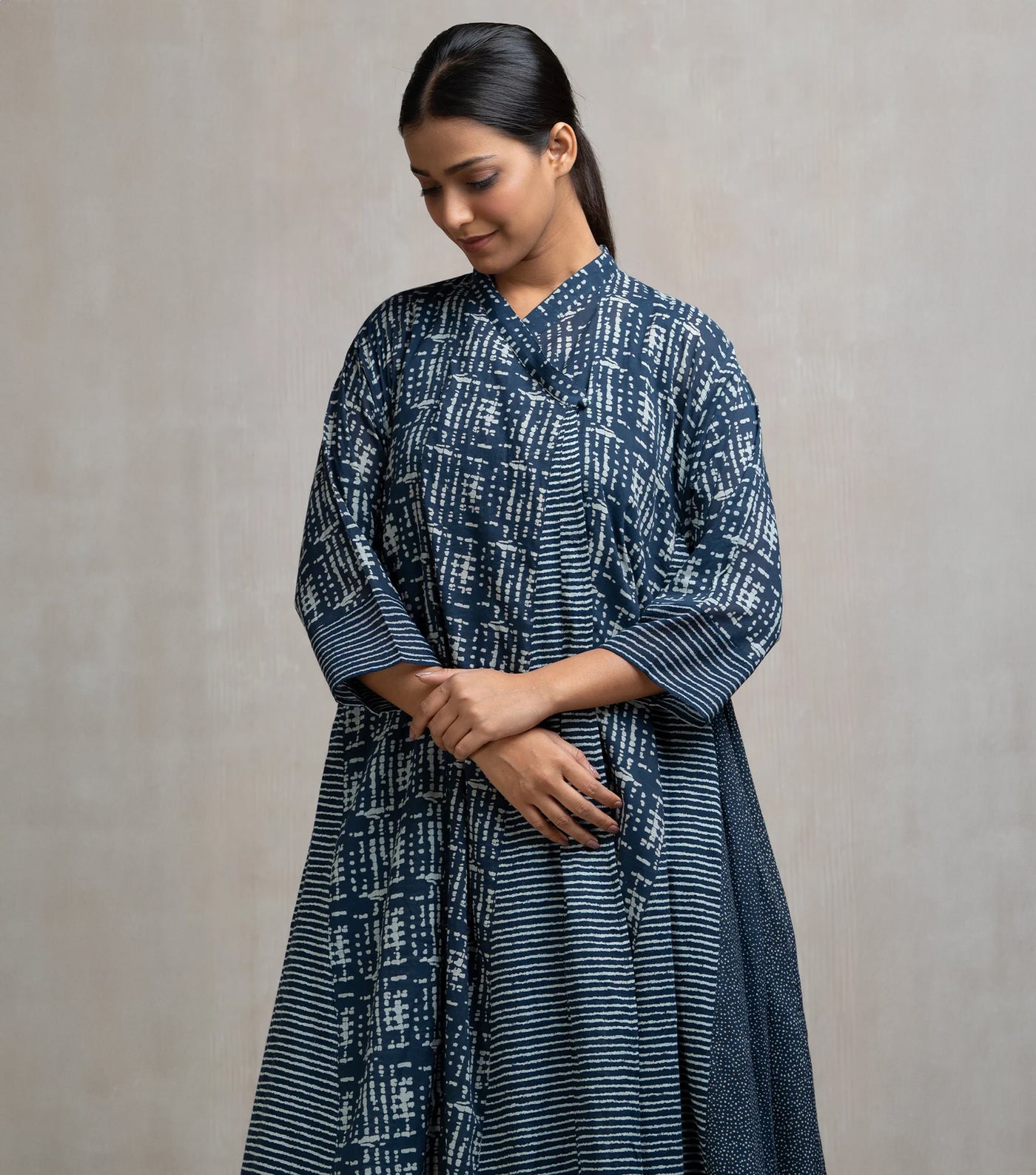 Navy Blue Cotton Printed Choga