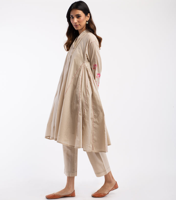 Beige Embroidered Cotton Choga