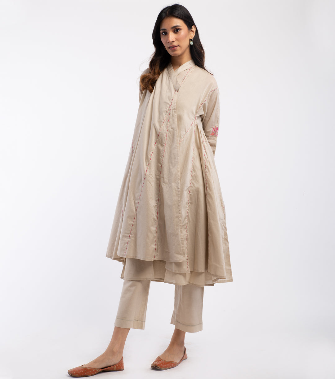 Beige Embroidered Cotton Choga