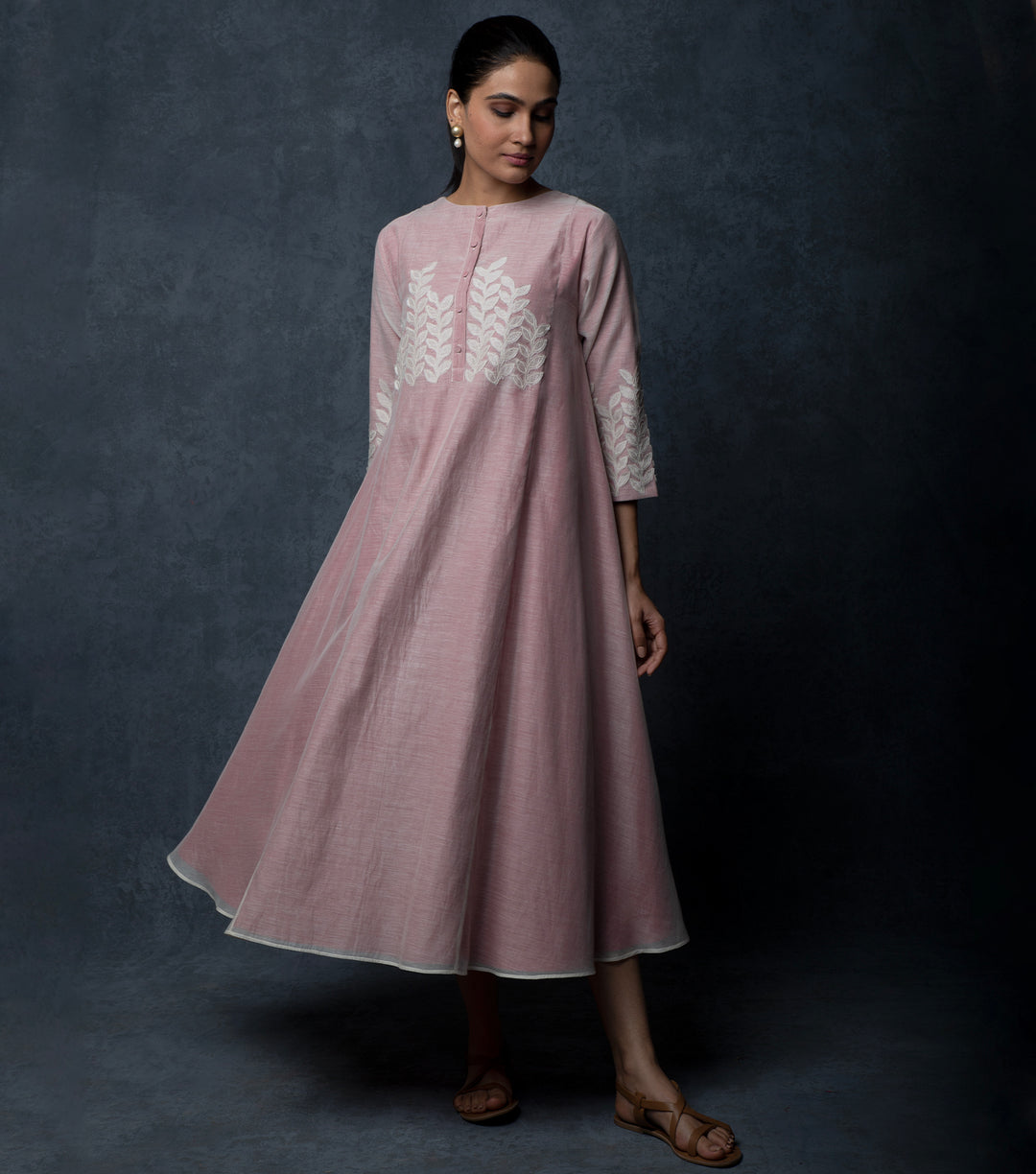 Onion Pink Embroidered Chanderi Dress