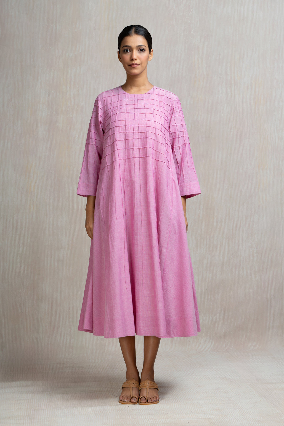 Thread Embroidered Pink Cotton Dress