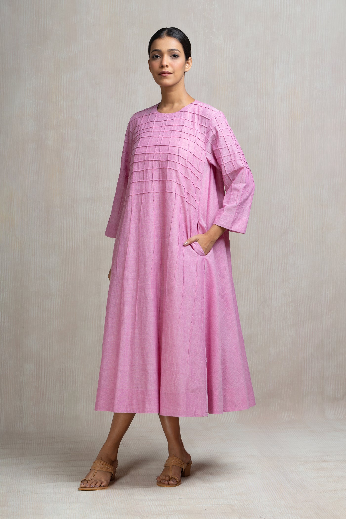Thread Embroidered Pink Cotton Dress