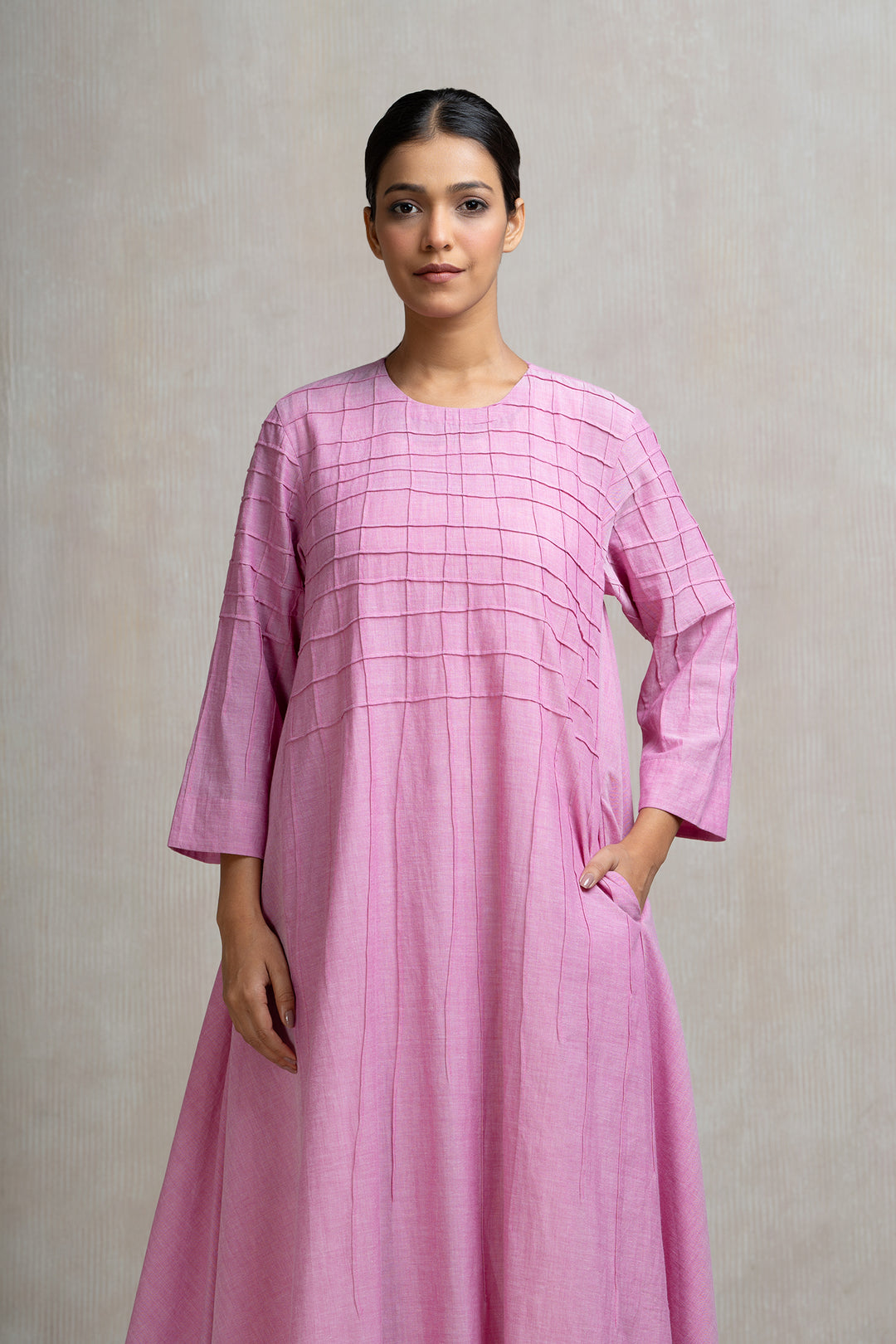 Thread Embroidered Pink Cotton Dress