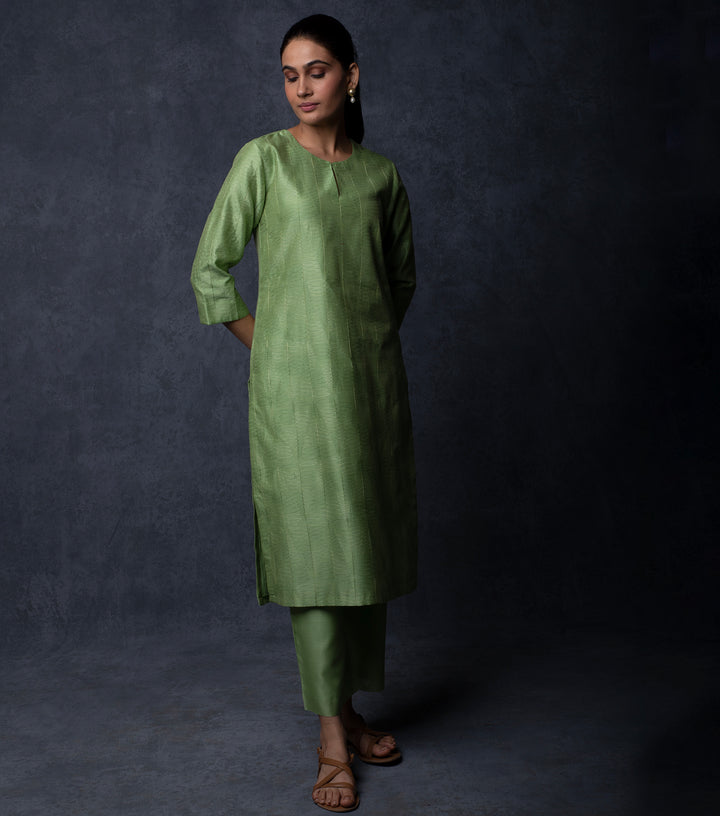 Leaf Green Thread Embroidered Chanderi Suit Set