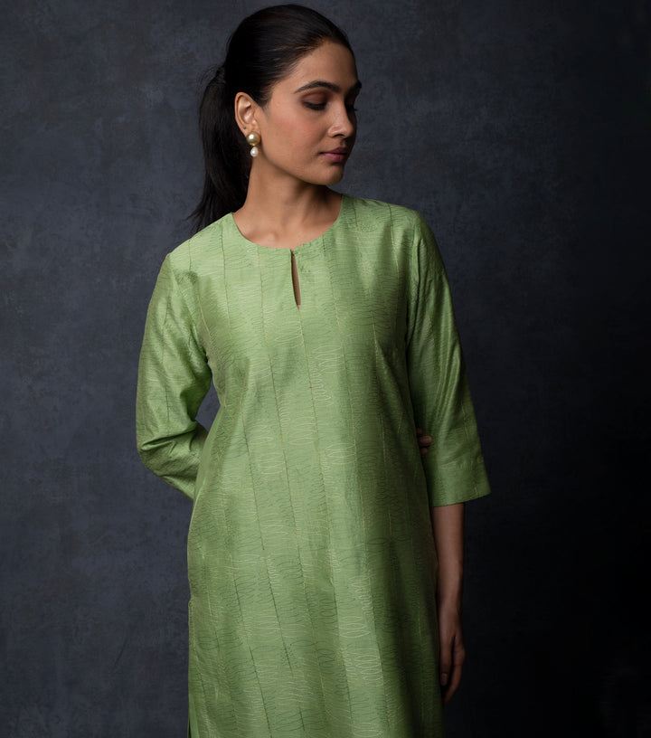 Leaf Green Thread Embroidered Chanderi Suit Set