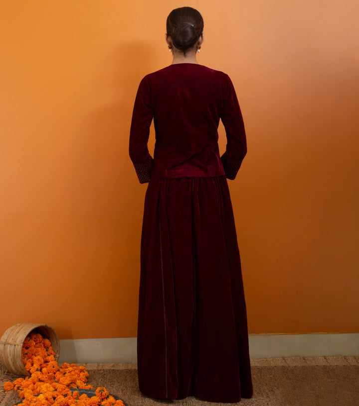 Maroon Hand Embroidered Velvet Blouse