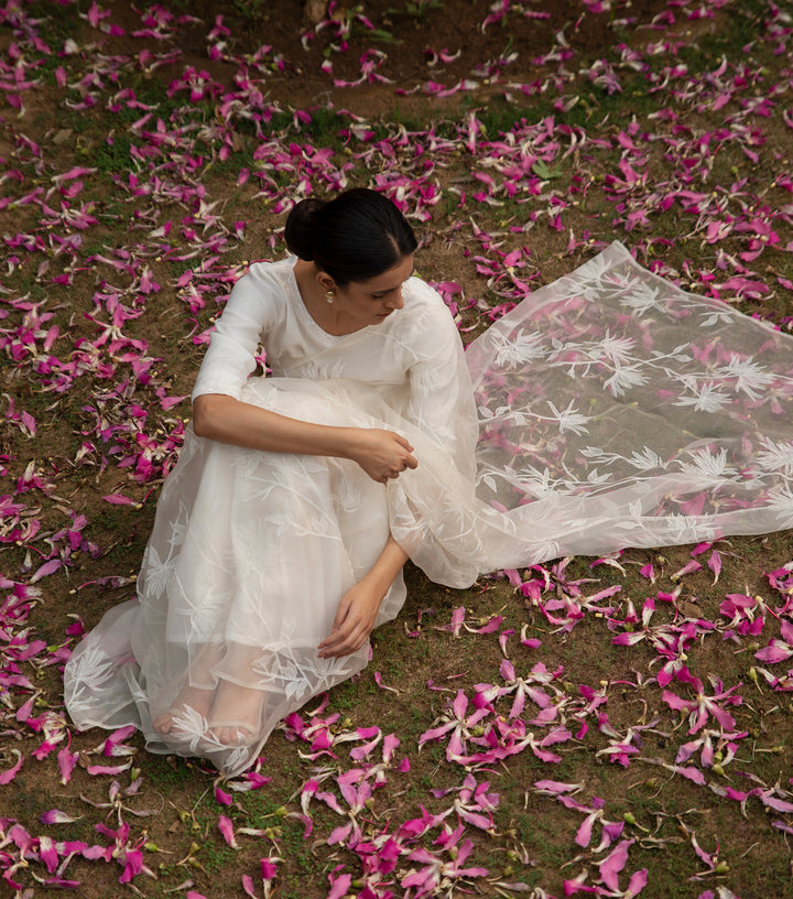 White Hand Embroidered Organza Saree