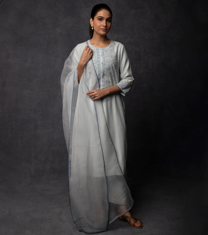 Powder Blue Thread Embroidered Muslin Suit Set