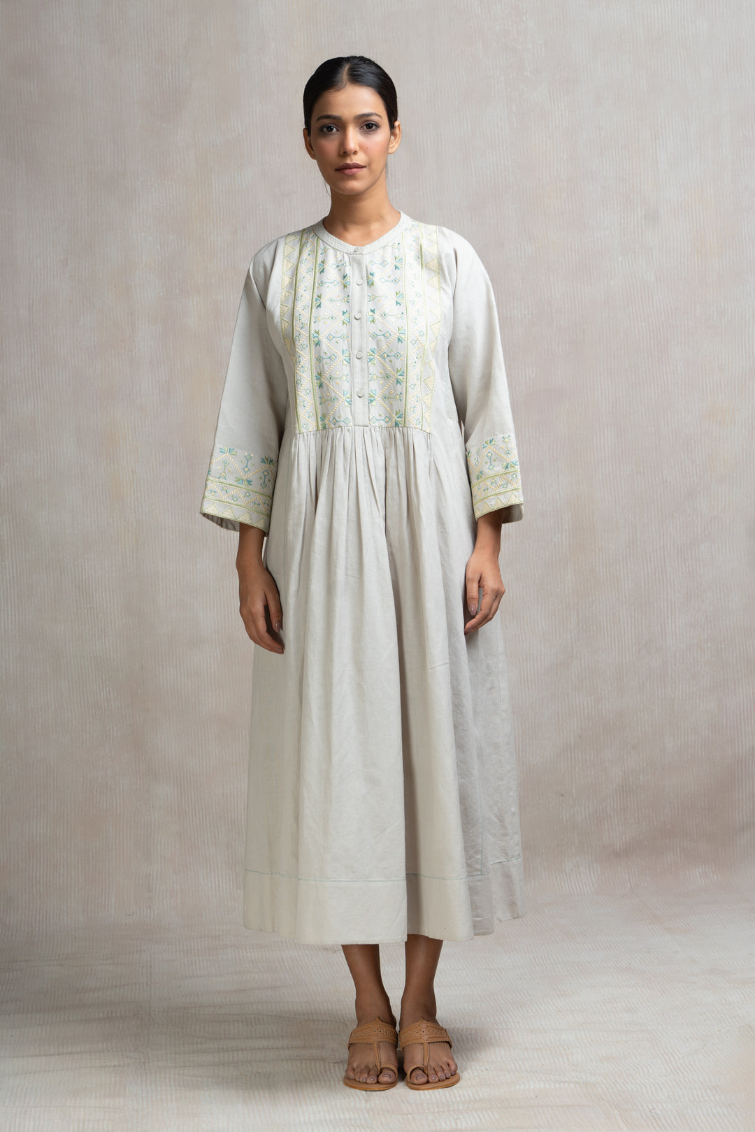 Thread Embroidered Geometric Cotton Long Dress