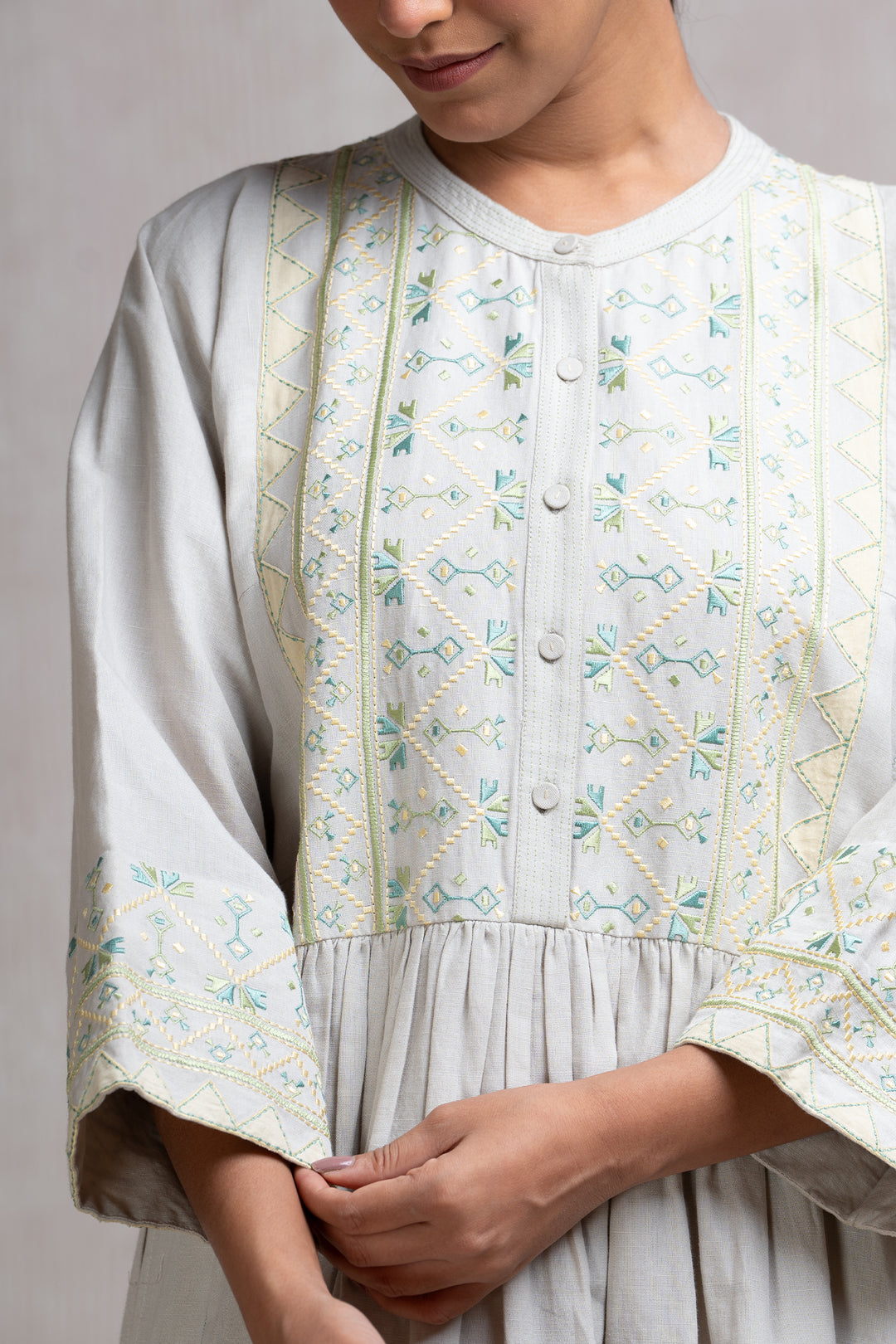 Thread Embroidered Geometric Cotton Long Dress