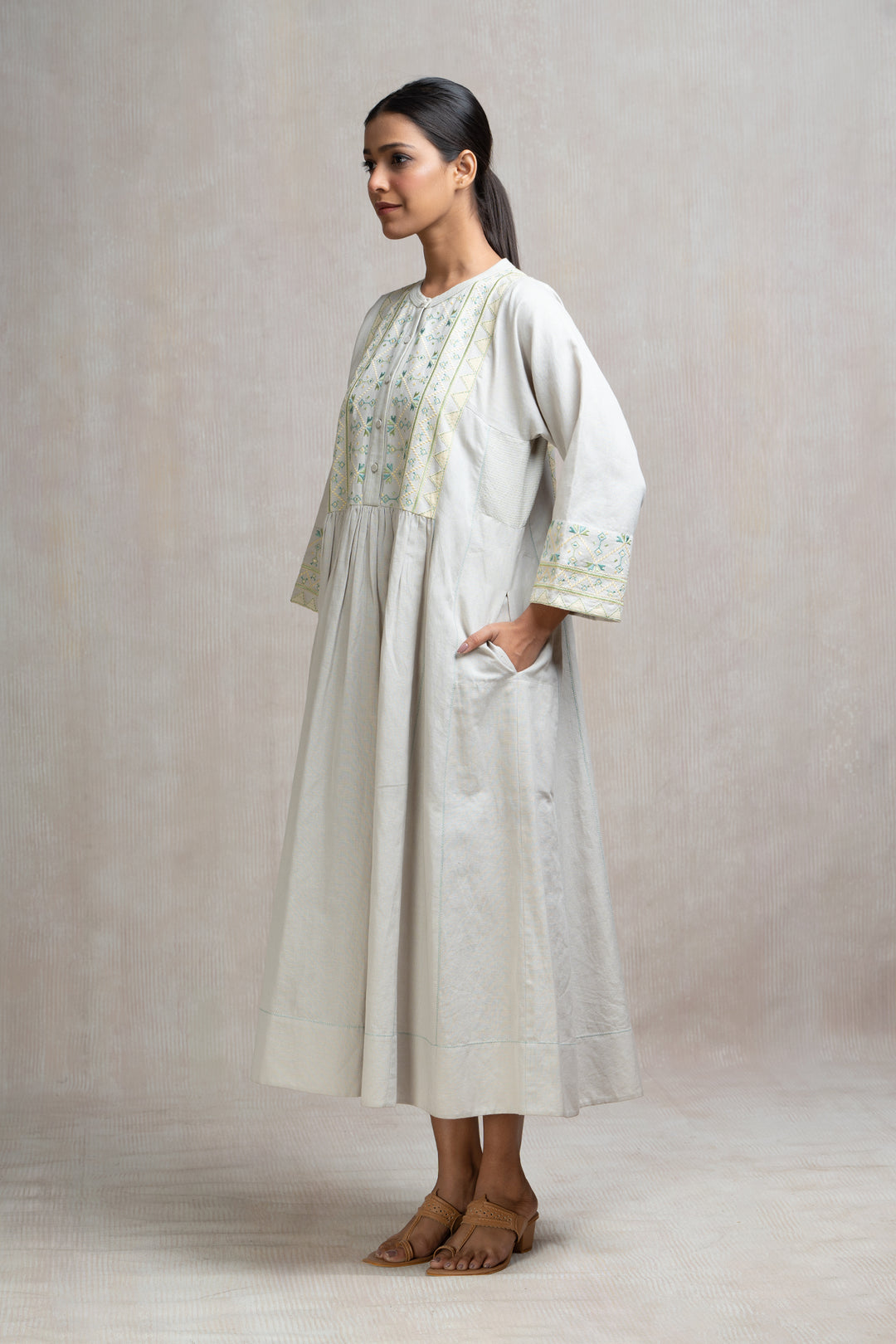 Thread Embroidered Geometric Cotton Long Dress