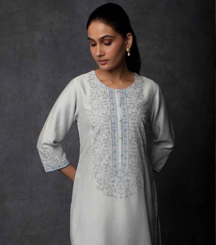 Powder Blue Thread Embroidered Muslin Suit Set