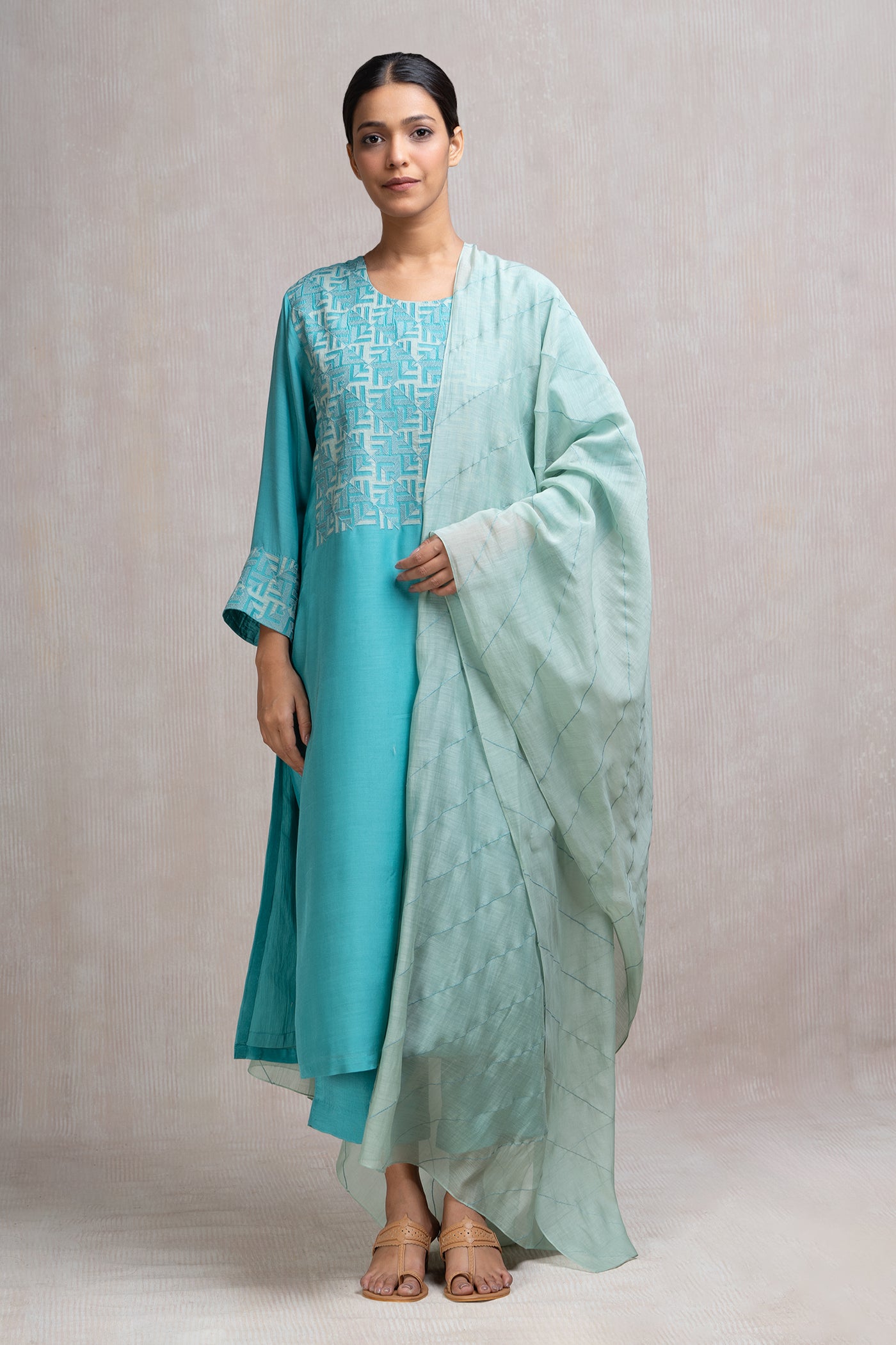 Embroidered Chanderi Kurta Set with Pants & Dupatta