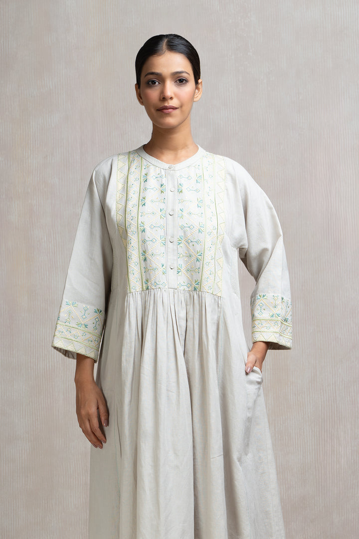 Thread Embroidered Geometric Cotton Long Dress