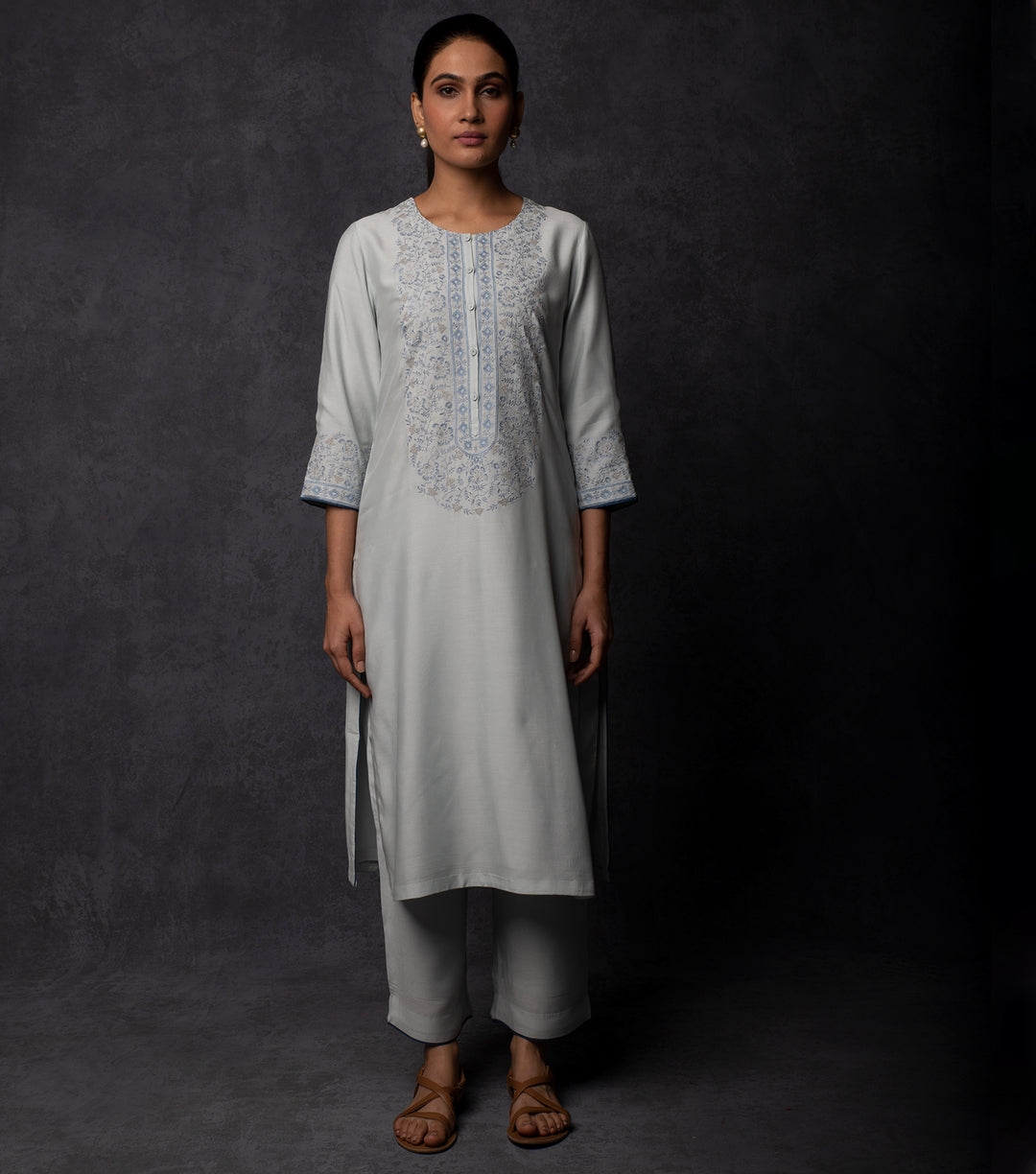 Powder Blue Thread Embroidered Muslin Suit Set