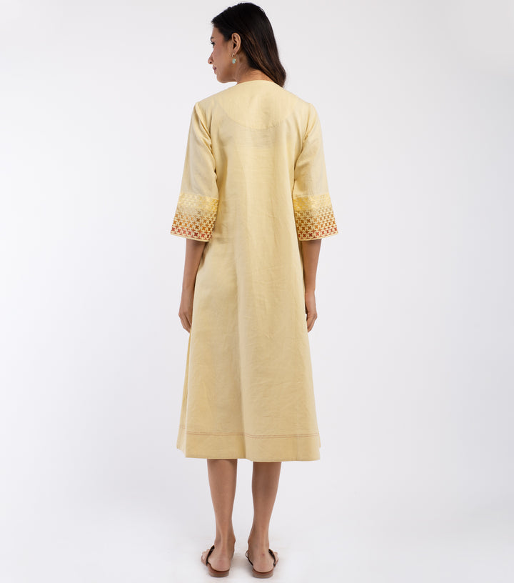 Yellow embroidered Cotton linen Dress