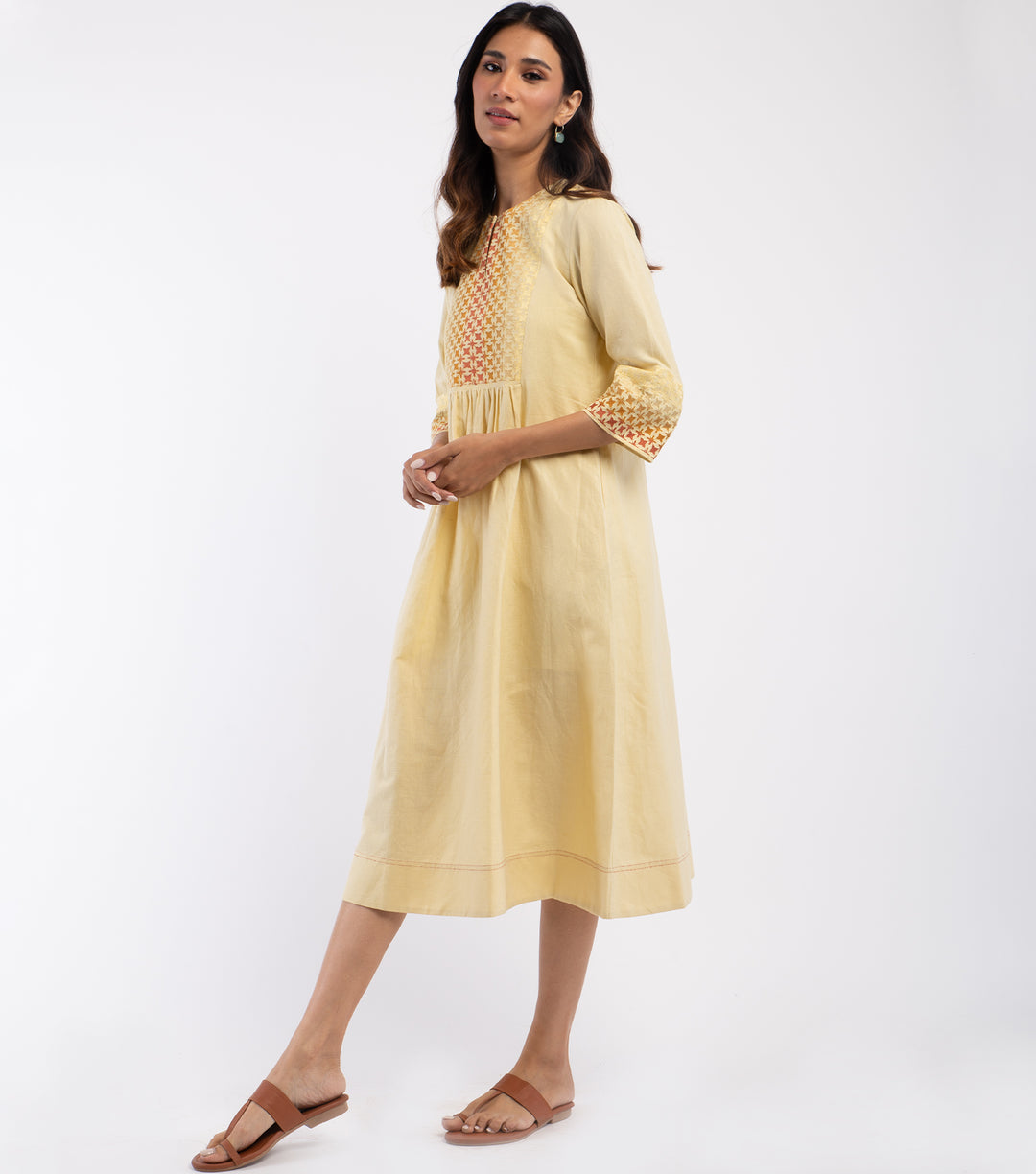 Yellow embroidered Cotton linen Dress