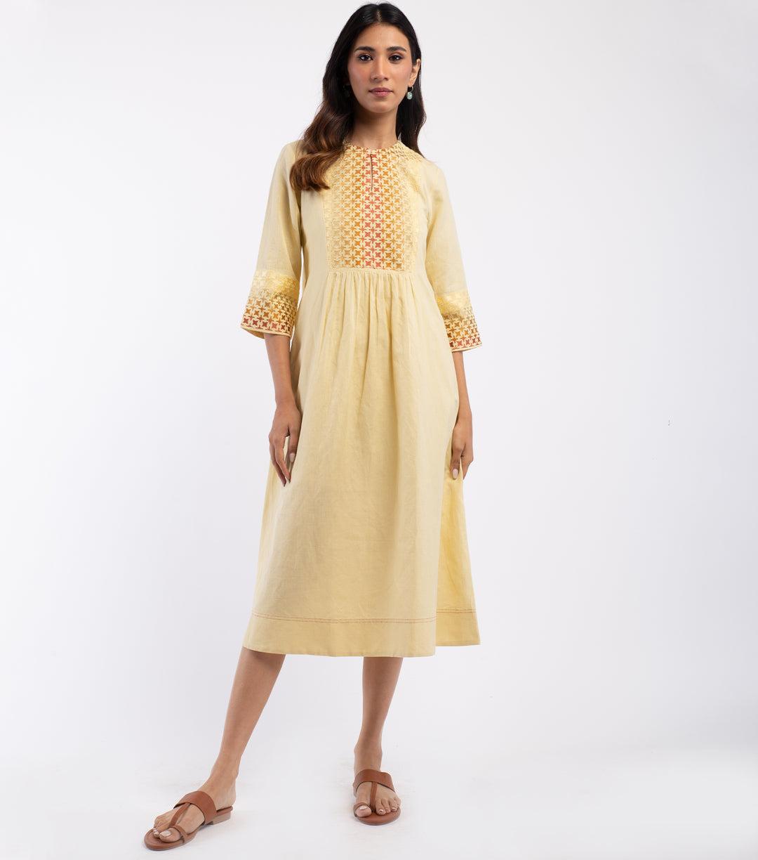 Yellow embroidered Cotton linen Dress