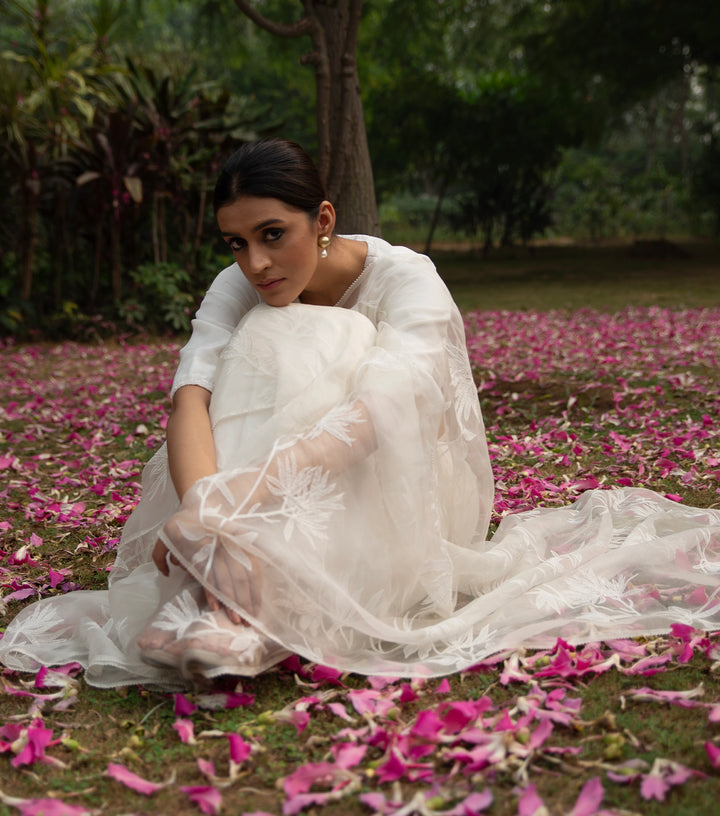 White Hand Embroidered Organza Saree