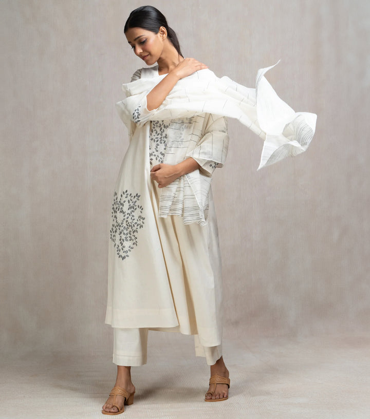 Thread Embroidered Cotton Kurta Set with Pants & Dupatta