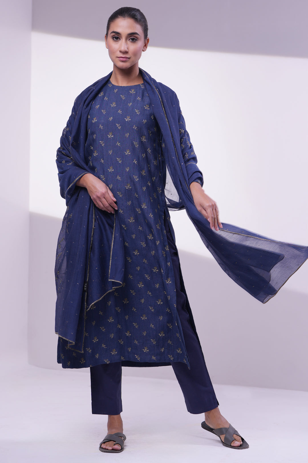 Navy Blue Embroidered Dupatta