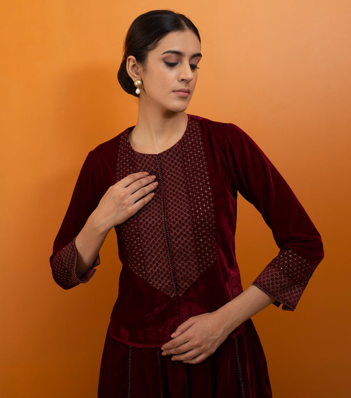 Maroon Hand Embroidered Velvet Blouse